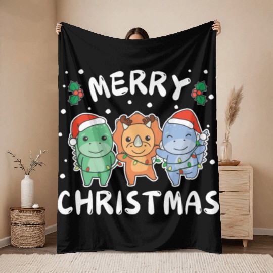 Merry Christmas Cute Dino Festive Lights Dino Throw Blankets