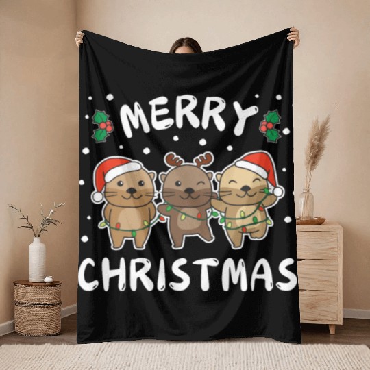 Merry Christmas Cute Otter Festive Lights Otter Throw Blankets