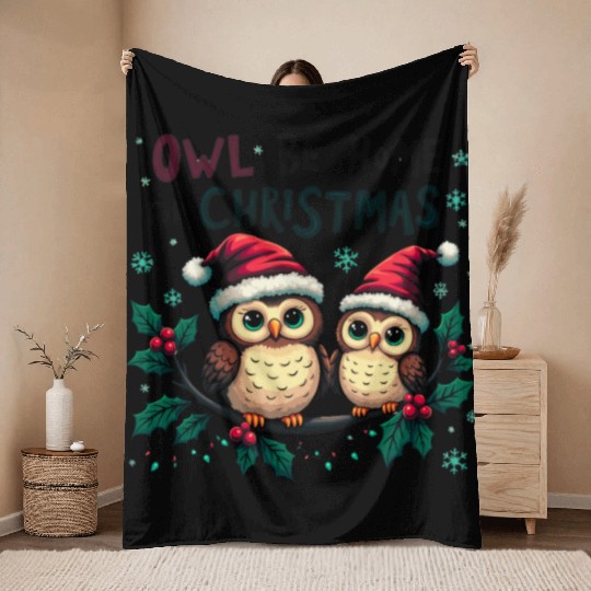 Owl Be Home for Christmas Festive Owls Throw Blankets