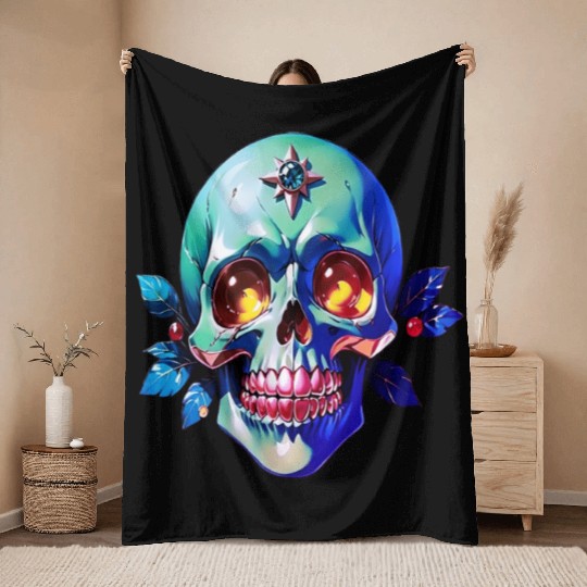 Emerald Green Skull with Golden Eyes and Gem Crown Throw Blankets
