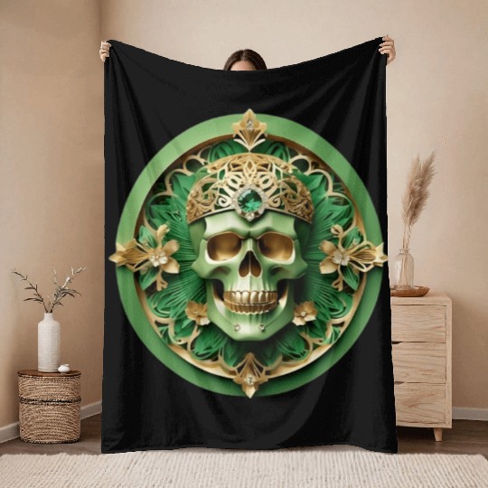 The Green King Skull with a Jeweled Crown Throw Blankets