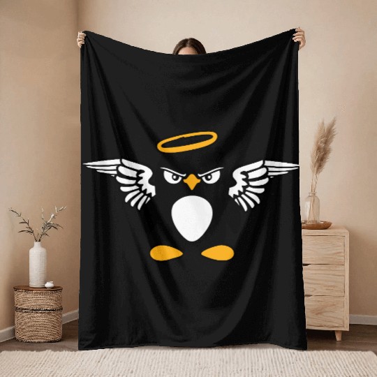 Evil Penguin Angel Wings Halo Holy Heaven Bad Mood Throw Blankets