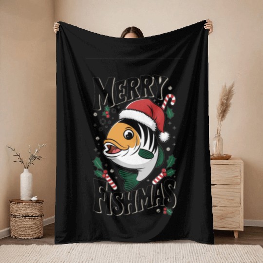 "Merry Fishmas Throw Blankets - Funny Christmas Fish
