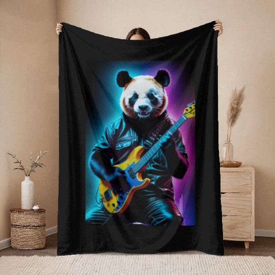 Panda playing guitar neon art Throw Blankets