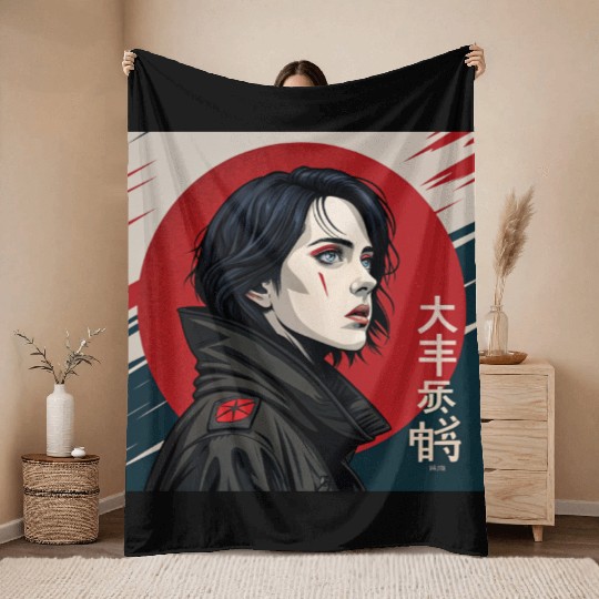Neo-Tokyo Style: Captivating Woman in a Powerful Throw Blankets