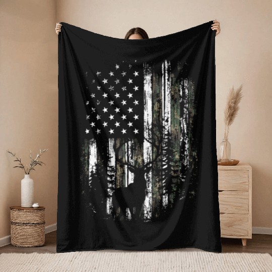 Camo US Flag Deer Elk Buck Camoflage Hunting Throw Blankets