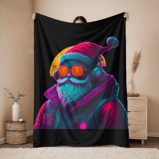 Retro Cool Santa Claus with Headphones Neon Colors Throw Blankets