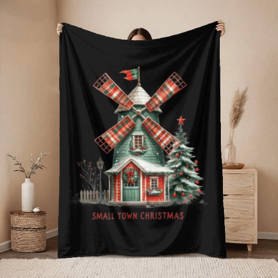 Small Town Christmas Plaid Windmill Throw Blankets