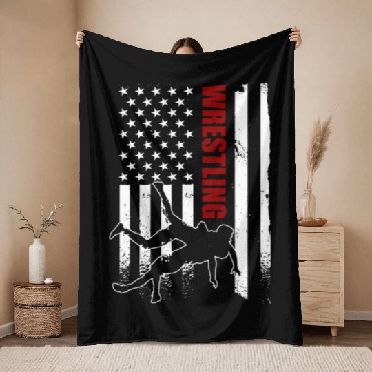 Retro American Wrestling Apparel US Flag Wrestling Throw Blankets