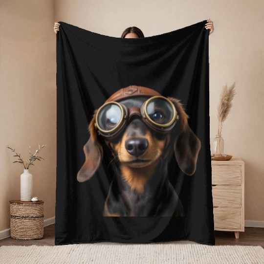 Adventurous Dachshund Aviator Throw Blankets