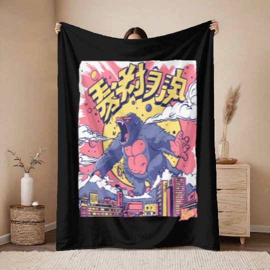 Kaiju Gorilla – Neon City Rampage Throw Blankets