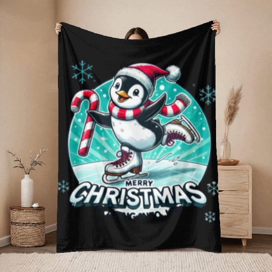 Penguin Ice Skating Christmas Fun Throw Blankets