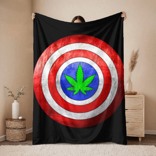 Captain Cannabis Shield Red White Blue and Green Throw Blankets