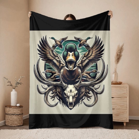 Mallard duck flying over deer skull in marsh Throw Blankets