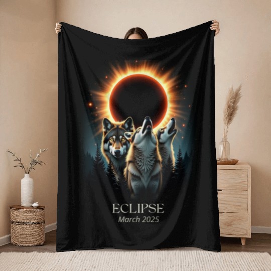 Three Wolves and Solar Eclipse, Forest Wolf Animal Throw Blankets