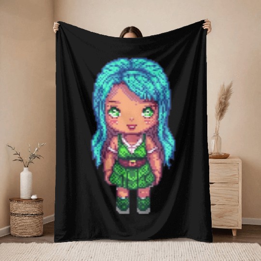 Mystic Emerald Sprite - Pixel Art Design Throw Blankets