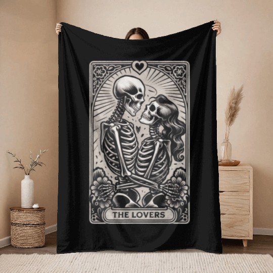 Vintage Gothic Skeleton Couple Tarot Card Throw Blankets