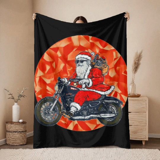 Santa Claus on Motorcycle Christmas , Cool Santa Throw Blankets