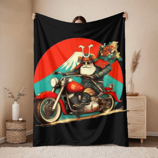 Santa Samurai Riding Motorcycle Graphic Throw Blankets