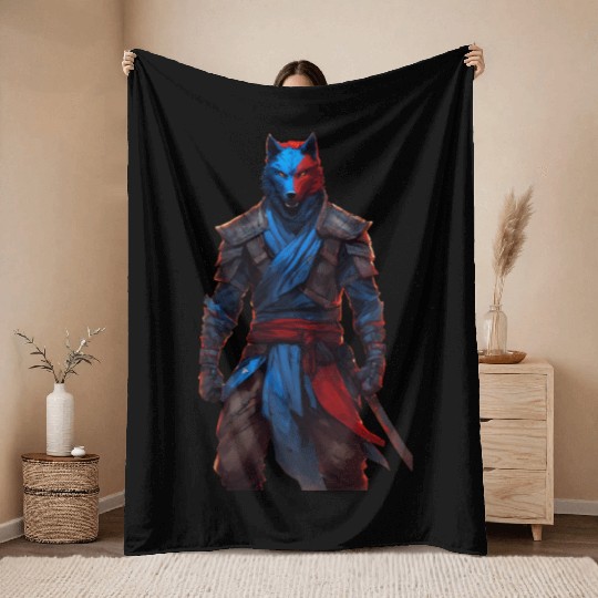 Samurai wolf Throw Blankets