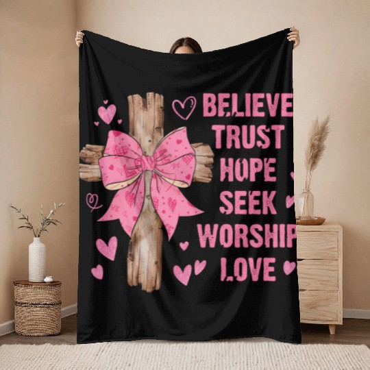 Coquette Bow Jesus Valentine Believe Like Mary Throw Blankets
