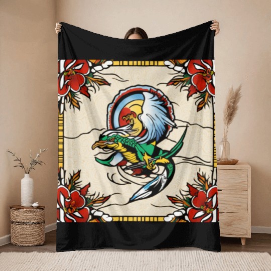 Dragonbird in Stained-Glass Garden" Throw Blankets