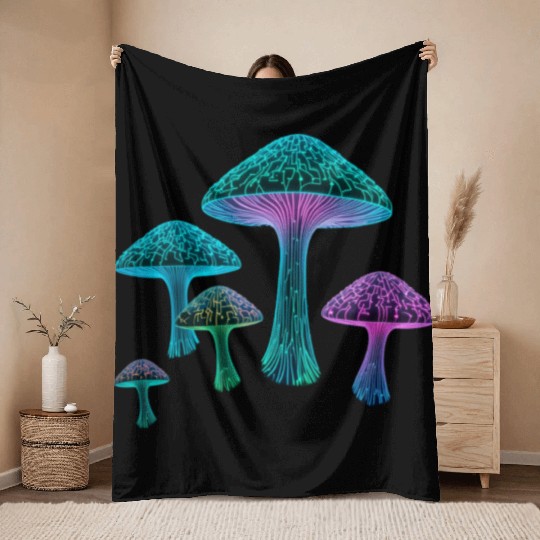 Psychedelic Neon Fungi Glow Throw Blankets