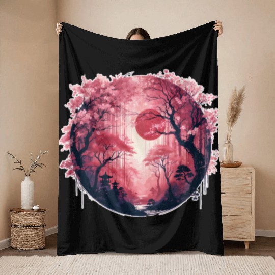 Serene Sakura Under Crimson Sun Throw Blankets