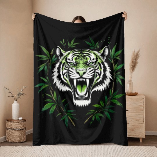 Fierce Green Tiger with Bamboo Branches Throw Blankets