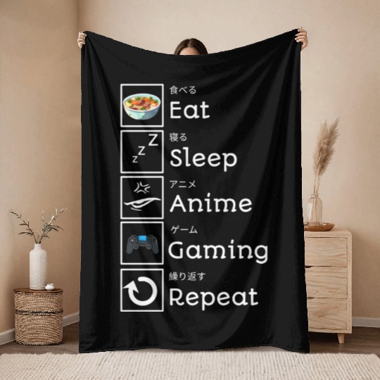 Eat, Sleep, Anime, Gaming, Repeat Throw Blankets