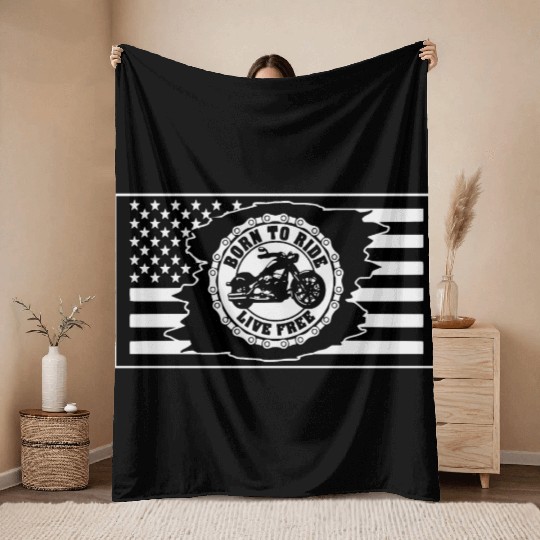 American Flag Motorcycle Born To Ride Throw Blankets