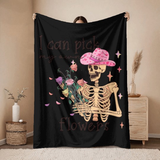 Funny Cowboy Skeleton with Flowers Throw Blankets
