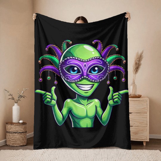 Mardi Gras Alien Cartoon Veggie Fun Throw Blankets