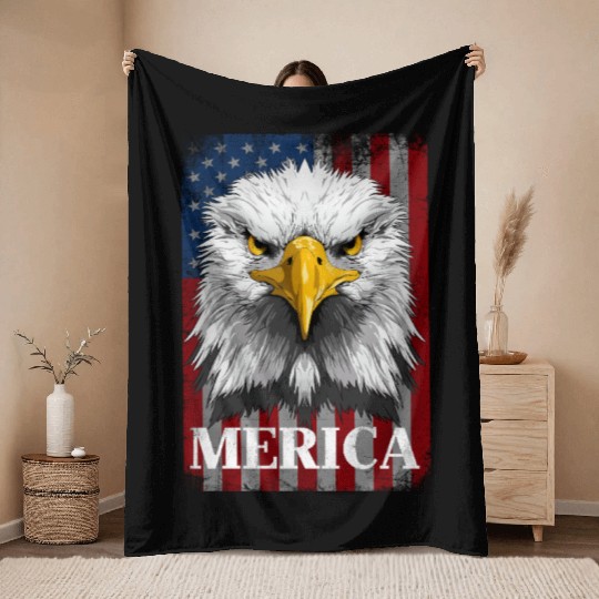 American Flag Patriotic Eagle 4th of July Merica Throw Blankets