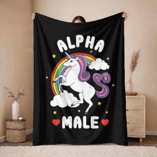 Alpha Male unicorn funny sarcastic ironic pink Throw Blankets