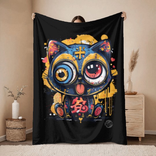 Psycho Lucky Cat – Glitch Meow Madness Throw Blankets