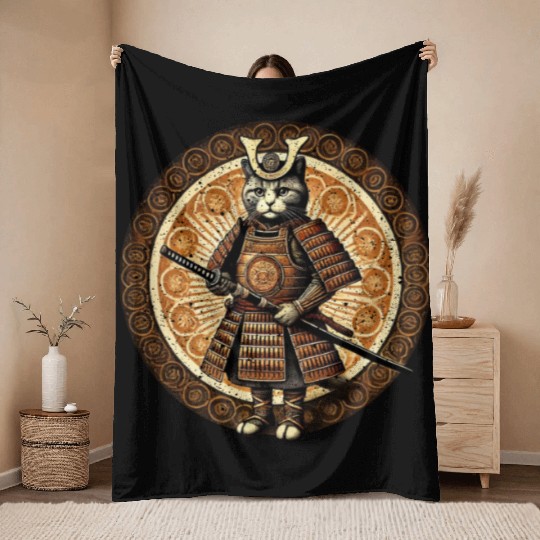 Japanese Samurai Cat Tattoo Kawaii Cat Art Anime Throw Blankets