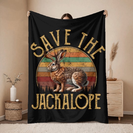 Save The Jackalope, Vintage Retro Camping Lover Ja Throw Blankets