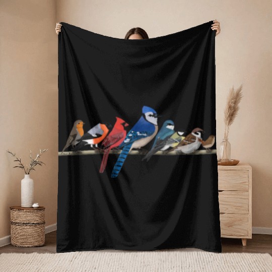 Garden Birds Blue Jay Cardinal Bullfinch Birding Throw Blankets
