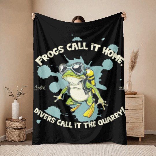 Diver Frog With Saying Home Meets Quarry Pond Throw Blankets