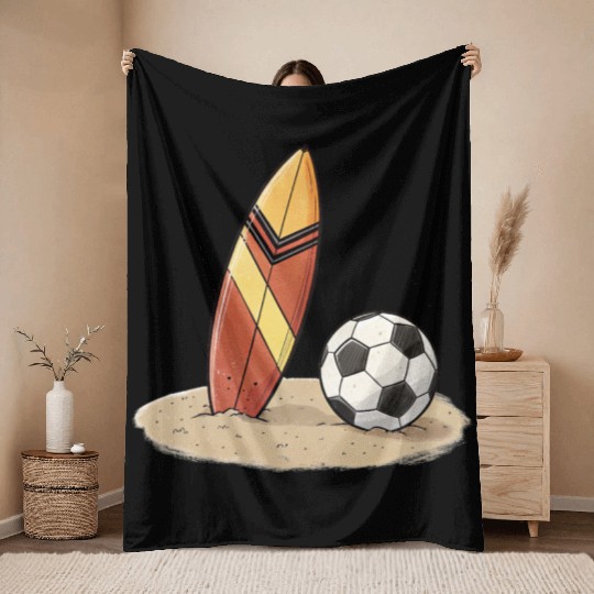 Surfboard and soccer ball in the sand Throw Blankets