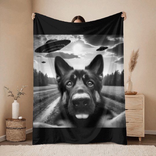 German2 Shepherd Funny GSP Selfie with UFOs Weird Throw Blankets