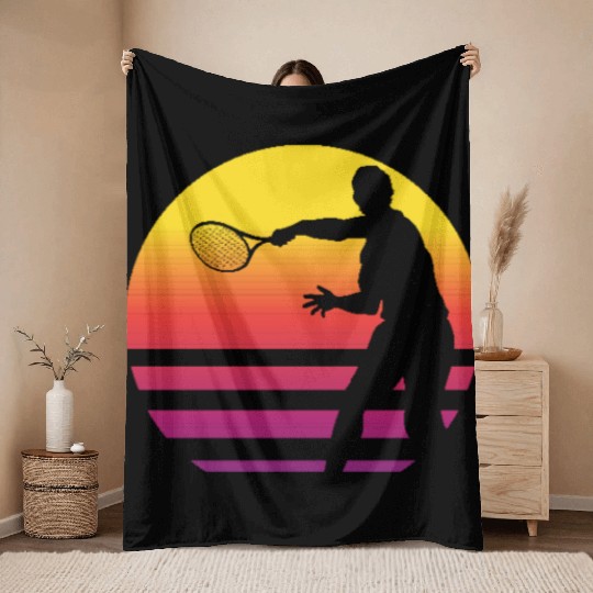 Retro Sunset Tennis Enthusiast Graphic Throw Blankets