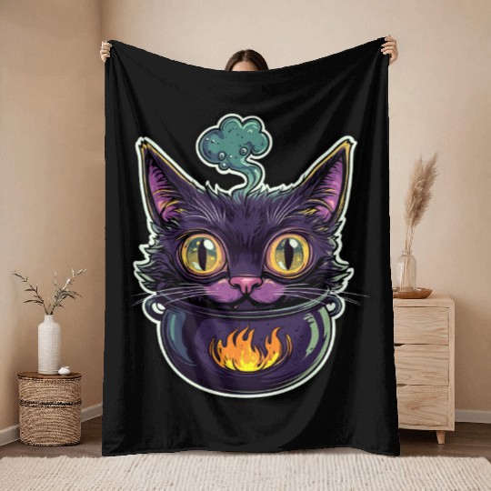 Cat Boiler Cat Witch Halloween Throw Blankets