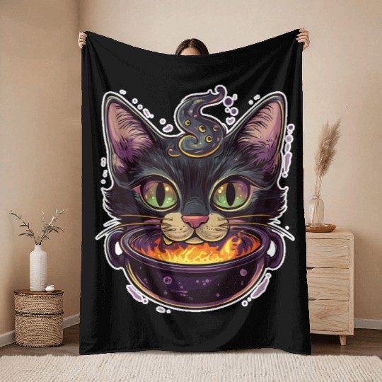 Cat Boiler Cat Witch Halloween Throw Blankets