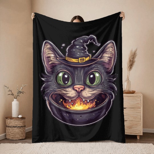 Cat Boiler Cat Witch Halloween Throw Blankets