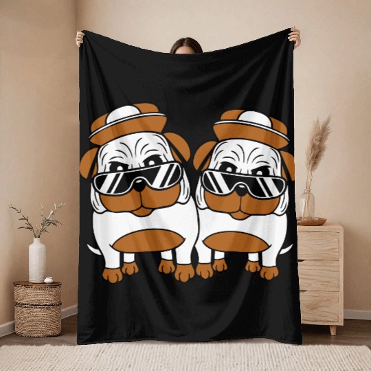 Two Dogs Pug Sunglasses Cap Teenager Team Friends Throw Blankets