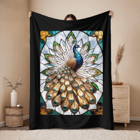 Stained Glass Peacock Throw Blankets