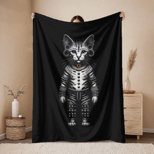 Warrior Cat with Piercings and Spacers Throw Blankets