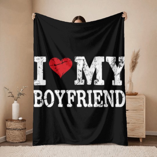 Modern Trendy Vintage I Love My Boyfriend Throw Blankets